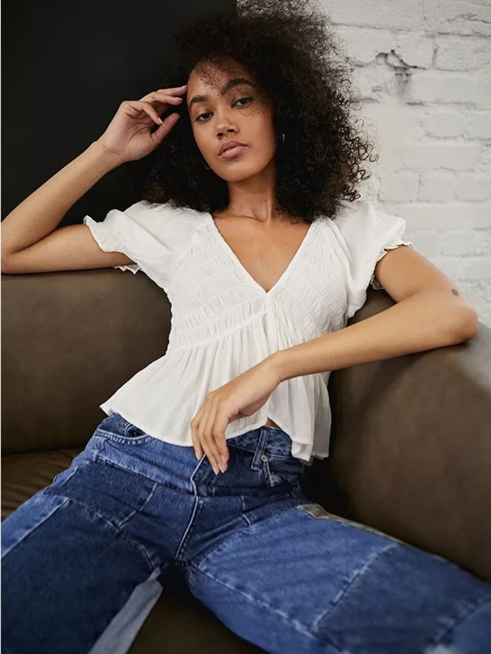 Urban Outfitters V-Neck White Smocked Peplum Top